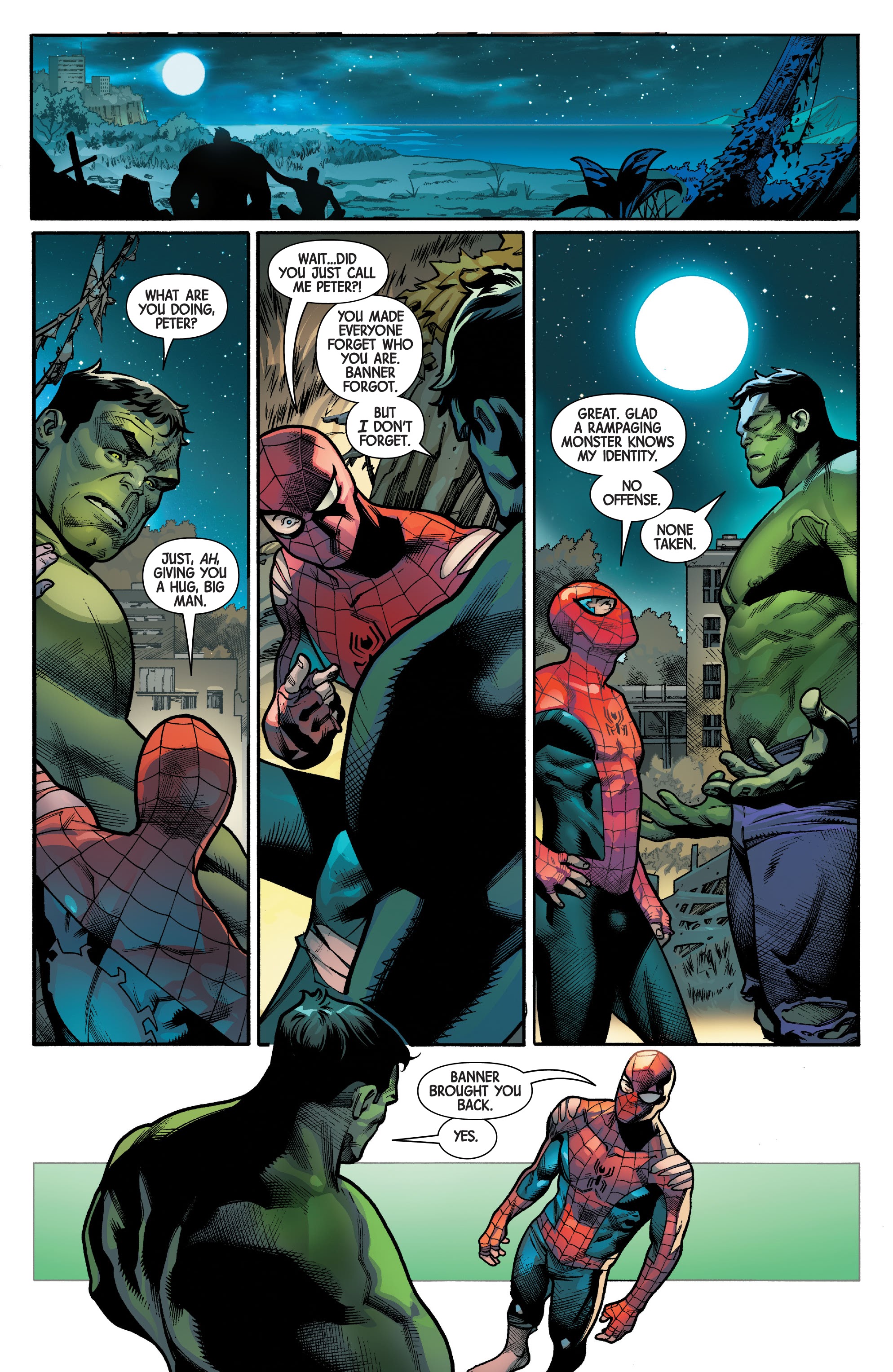 A Marvel comic page showing Hulk and Spider-Man talking across multiple panels