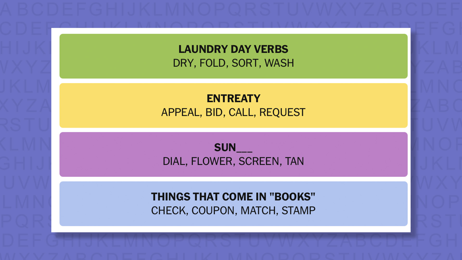 NYT Connections answers for game 1052 on a purple background