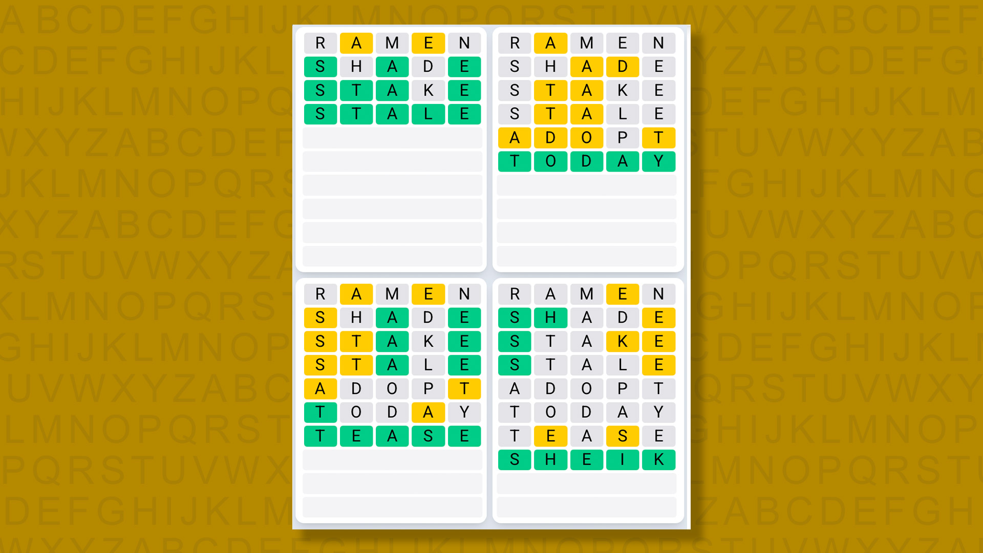 Quordle Daily Sequence answers for game 1555 on a yellow background