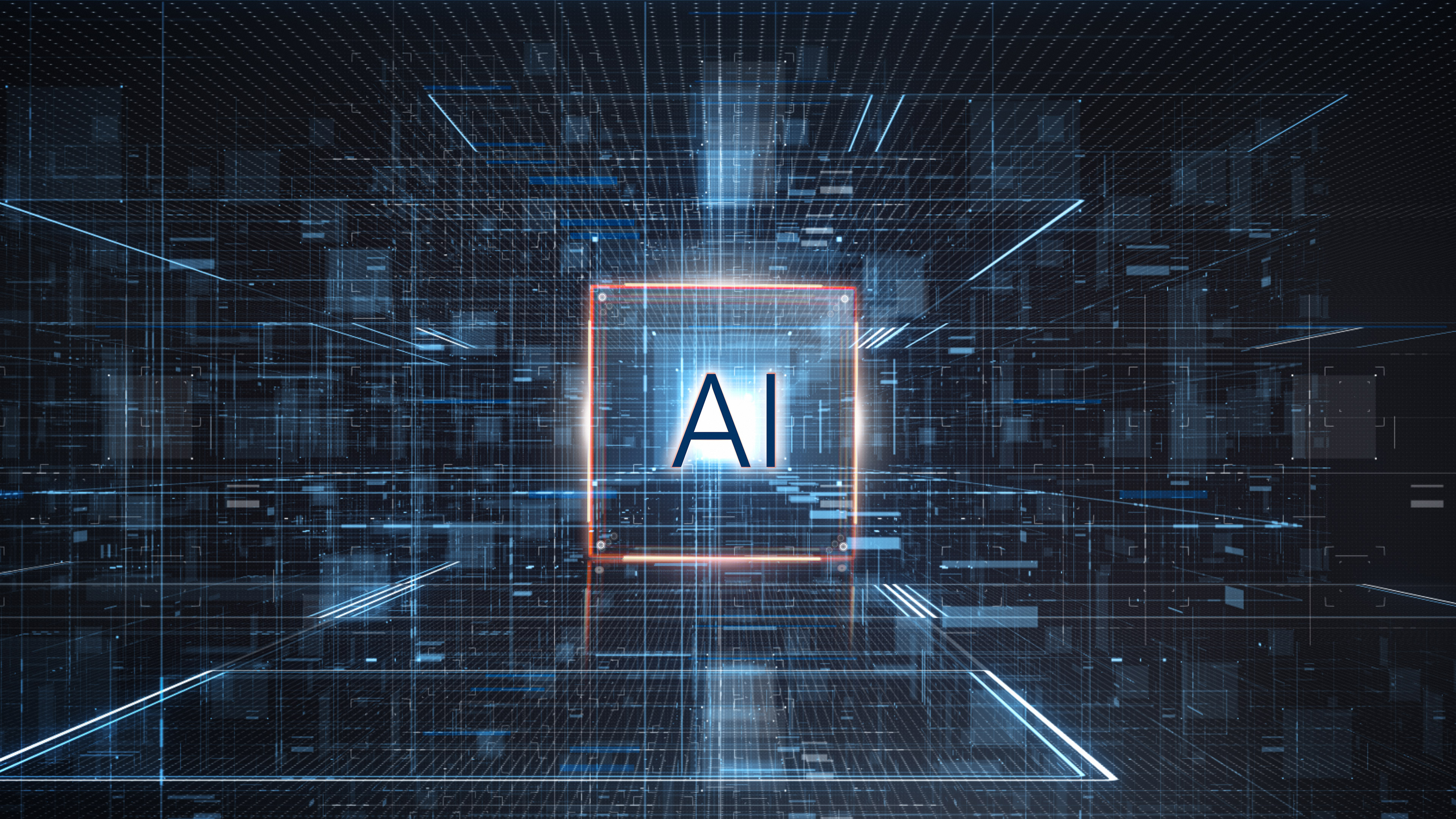 The letters AI in a box in the middle of a large digital space divided by line rays