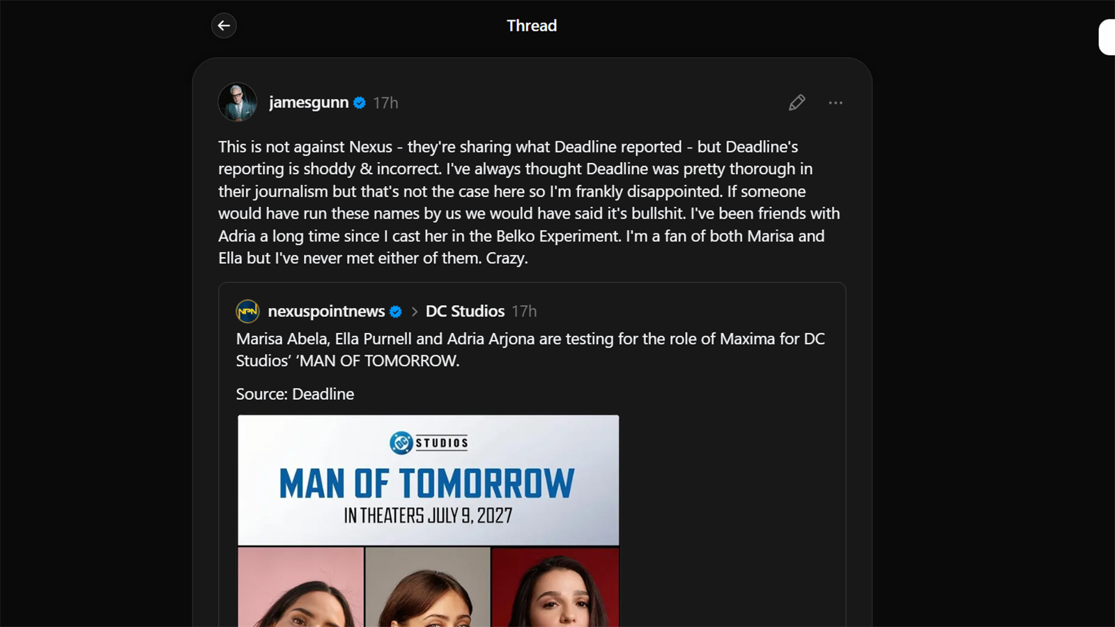 A screenshot of James Gunn responding to Deadline's Man of Tomorrow audition report about Threads