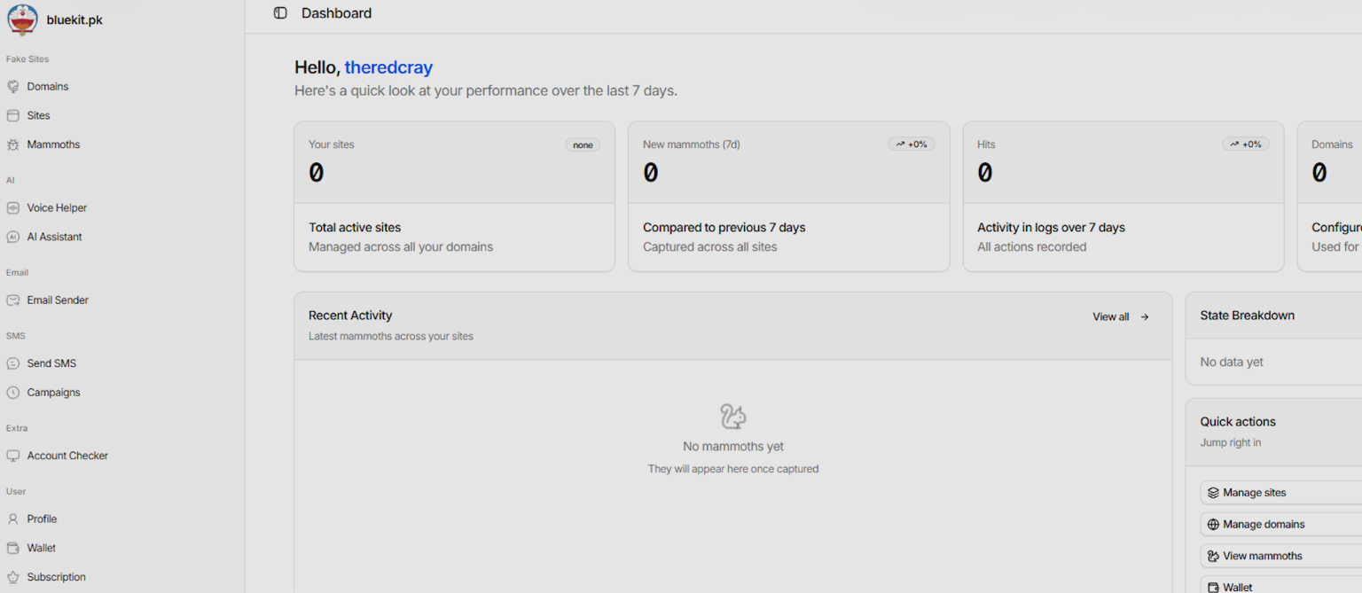 A screenshot of the Bluekit dashboard showing the centralized panel an attacker would see when starting or monitoring a campaign.
