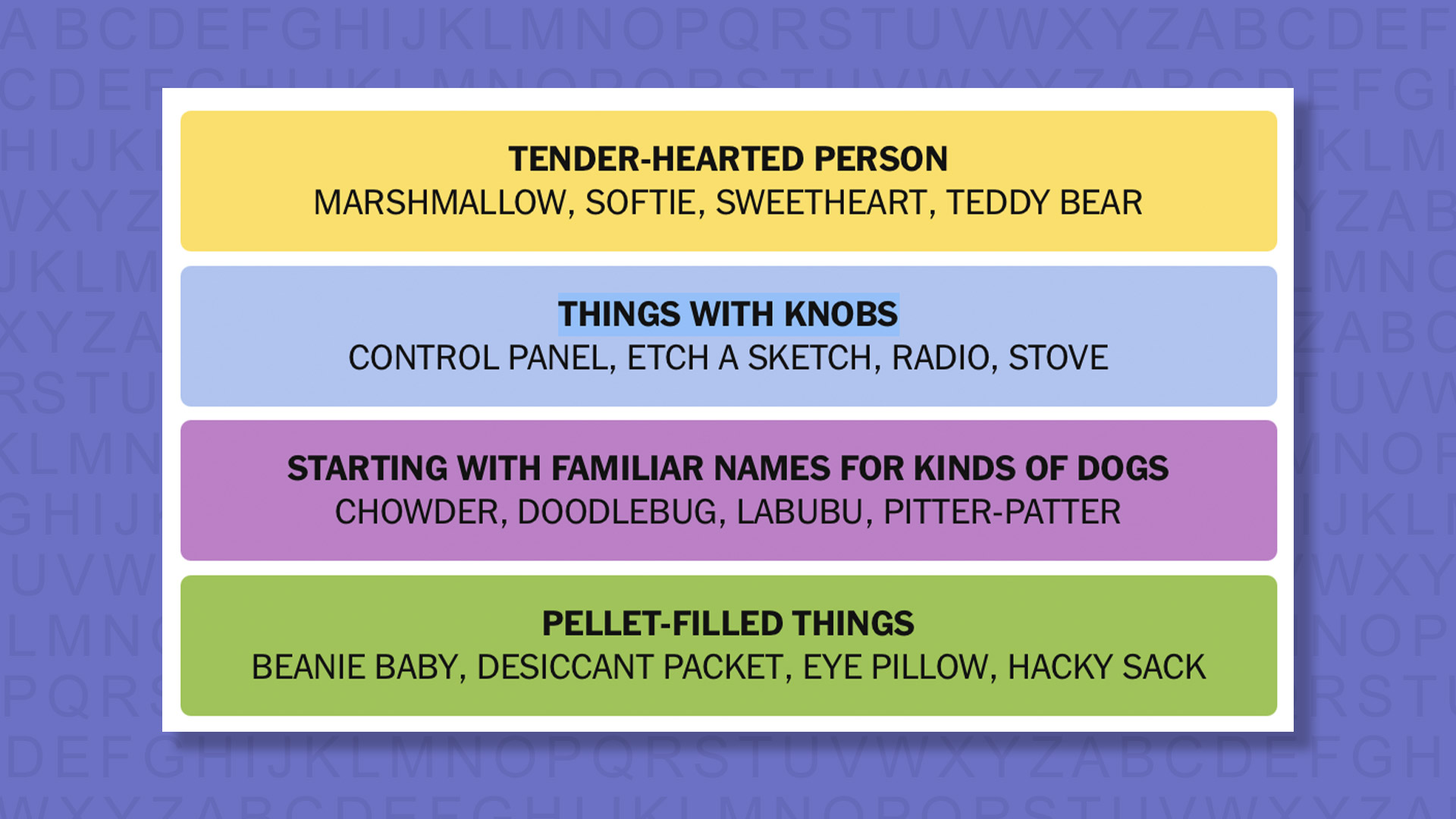 NYT Connections answers for game 1058 on a purple background