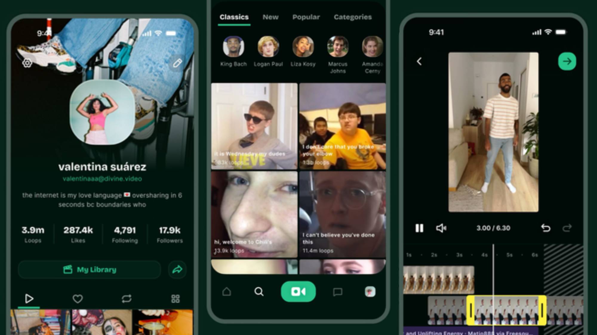 Three smartphones showing off the revamped Vine app