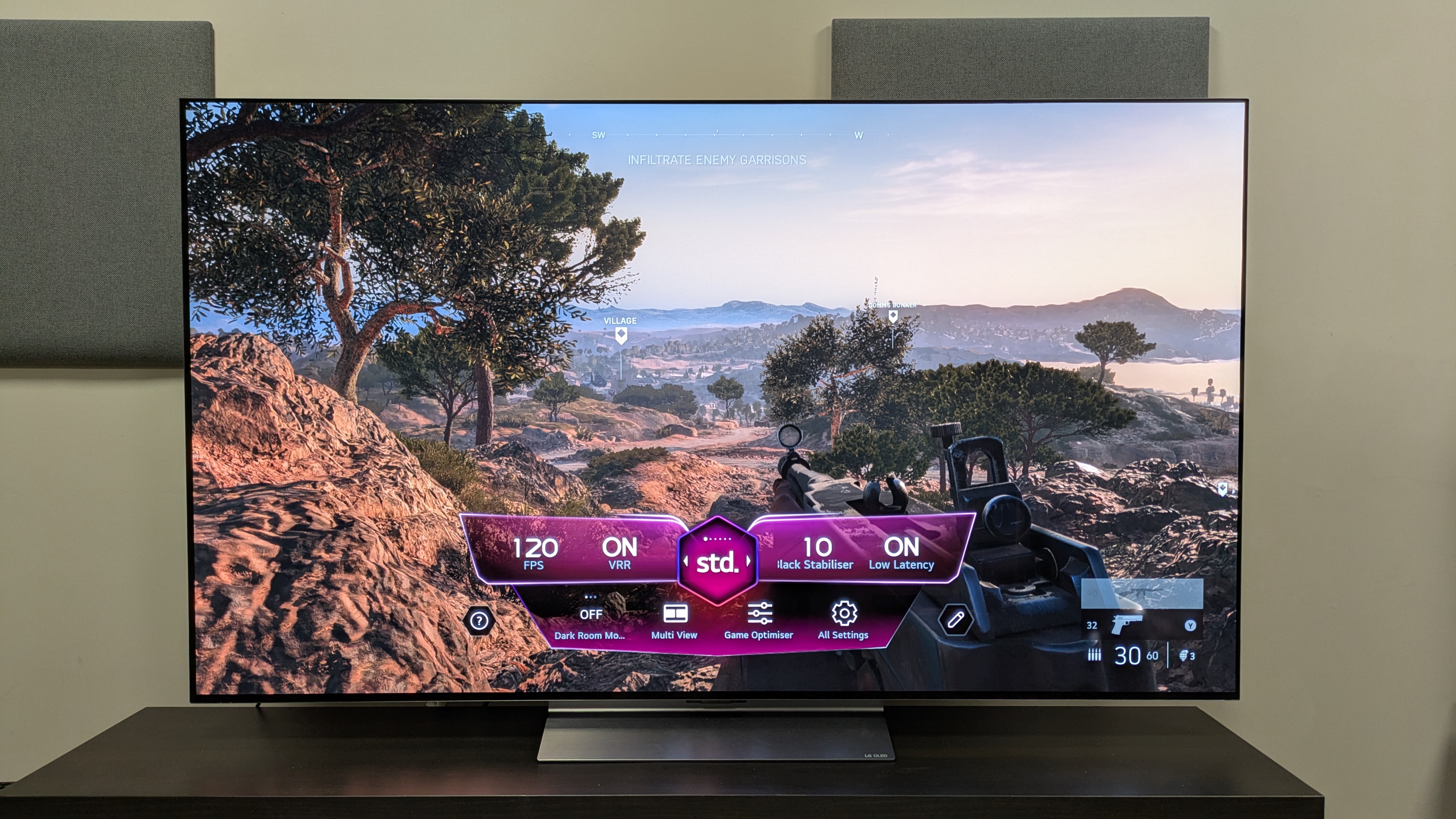 LG C6 OLED TV with Battlefield V and Game Optimiser dashboard on the screen