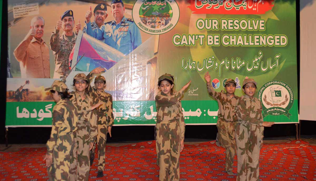 Students perform a tableau marking the end of a year with the victory of Marka-e-Haq Bunyan-ul-Marsoos at the Arts Council in Sargodha. - APP