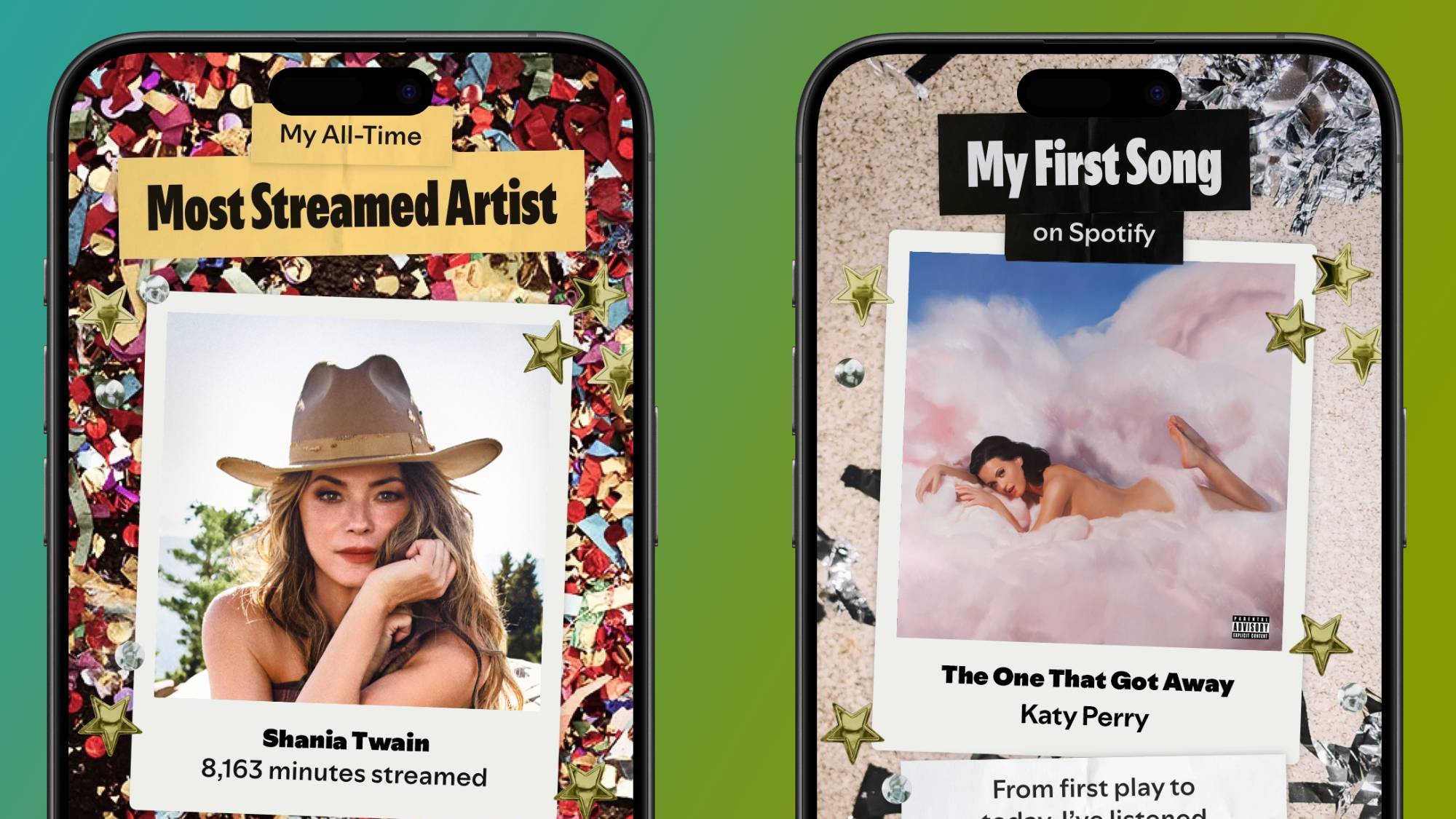 Two smartphones displaying visual cars from Spotify's new Party of the Year(s) experience