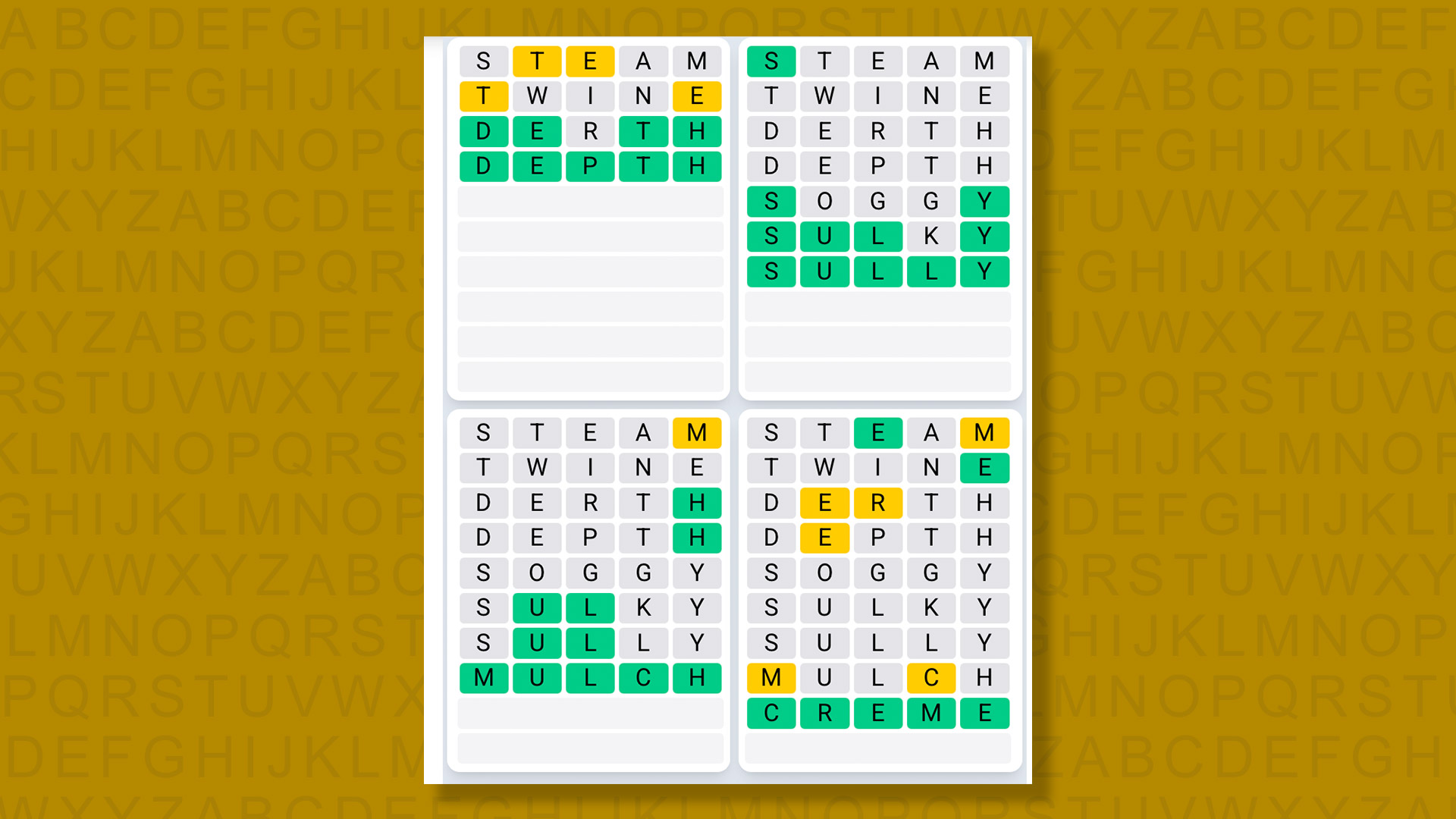 Quordle Daily Sequence answers for game 1570 on a yellow background