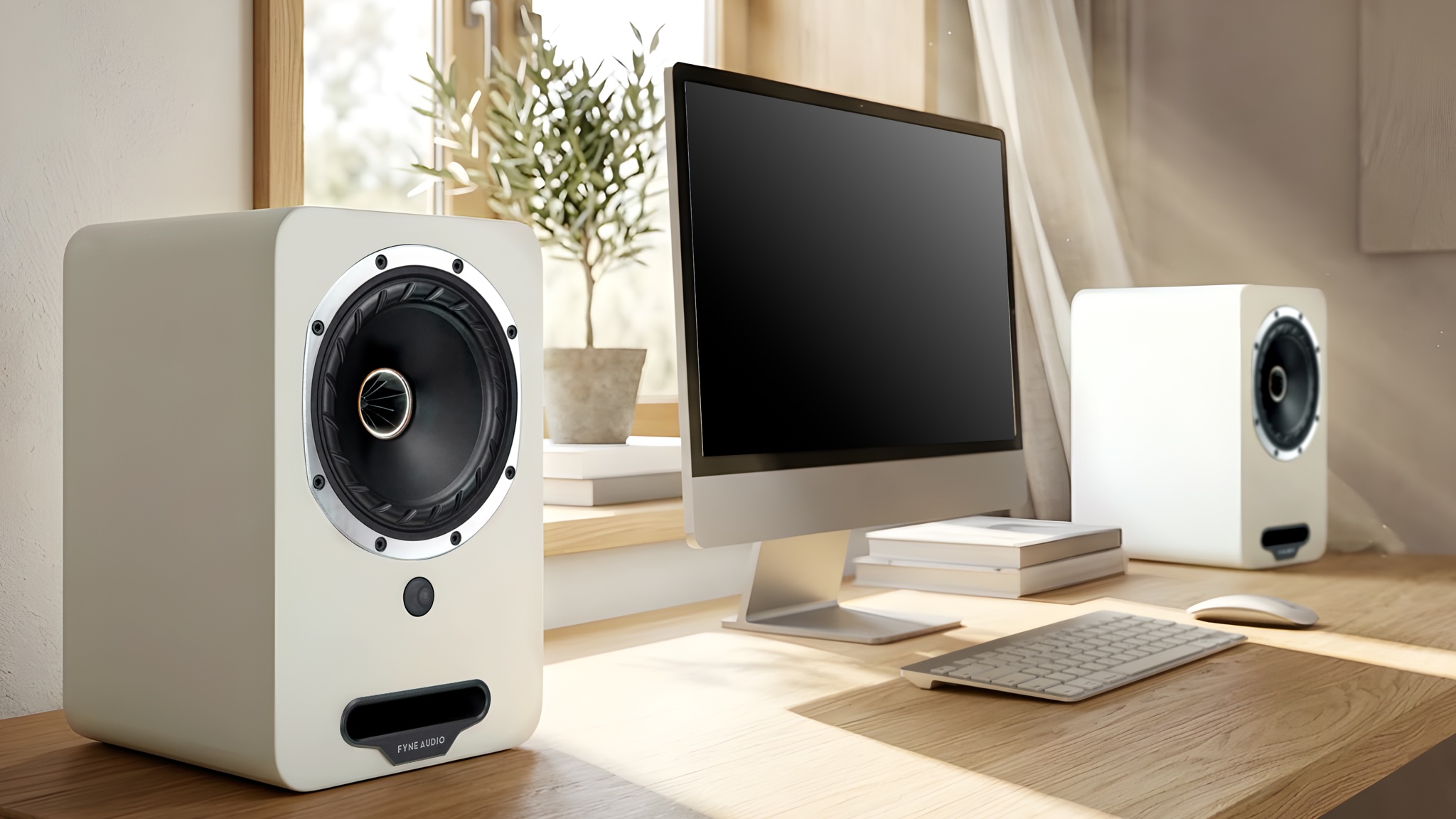 A pair of Fyne Audio Cubit 5 speakers in white on either side of an Apple iMac. They are all standing on a light wooden table in front of a window on a bright day
