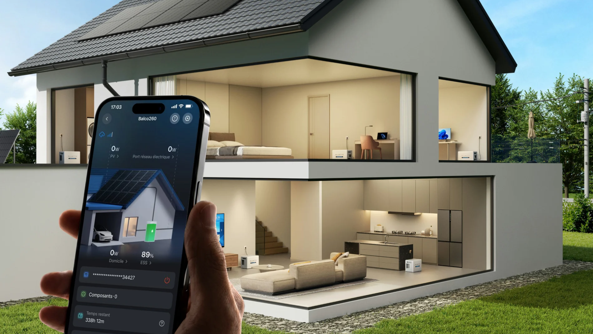 A mock-up of a phone and a cut-out housing showing Bluetti's Balco 260 in several rooms