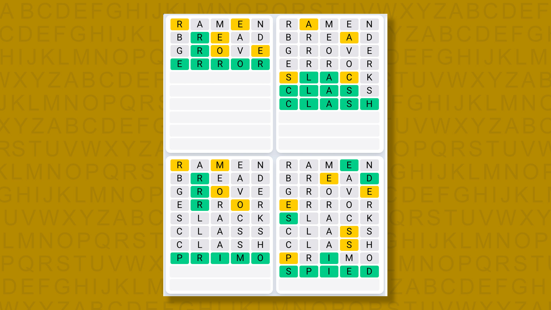 Quordle Daily Sequence answers for game 1576 on a yellow background