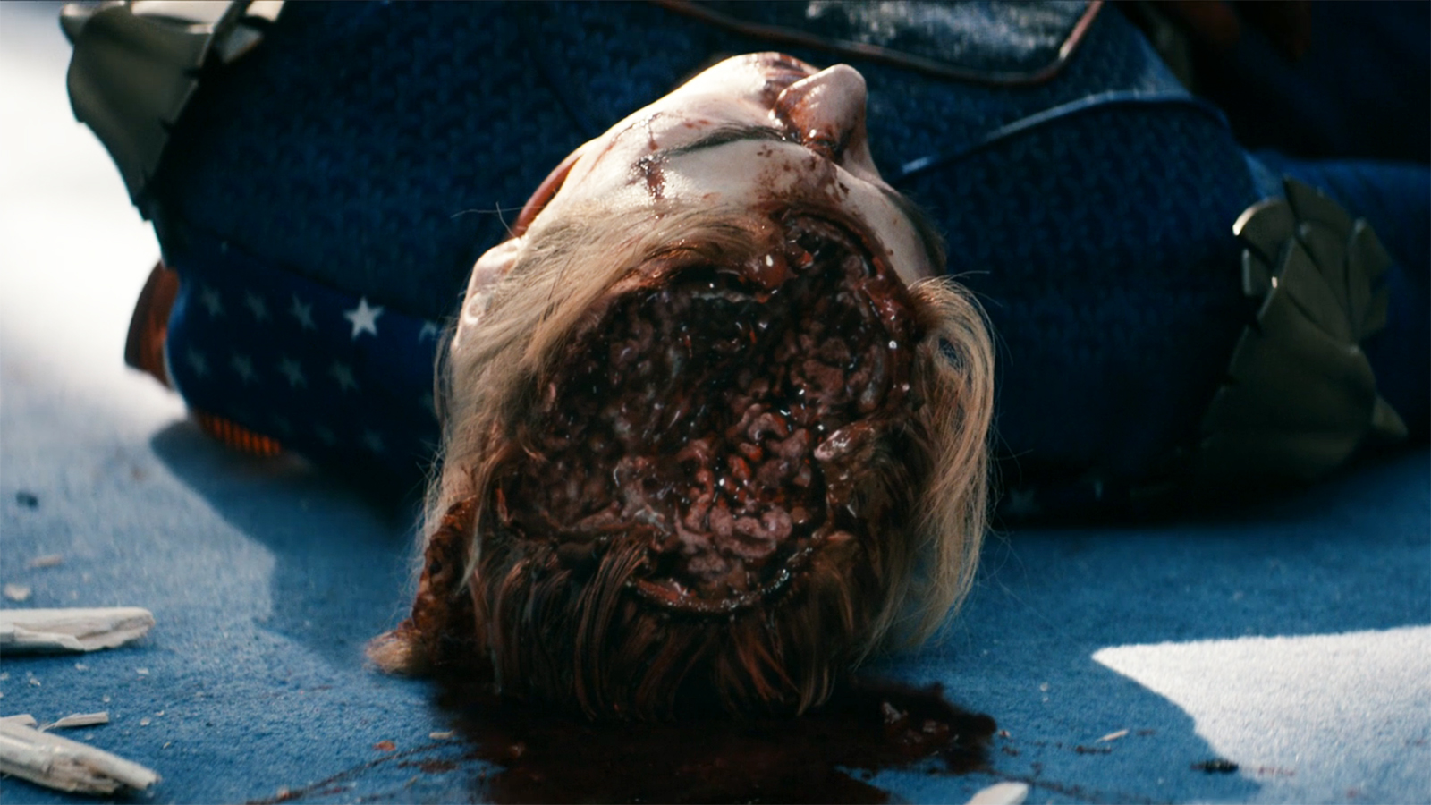 A close-up of Homelander's dead body with his brain on display in The Boys series finale