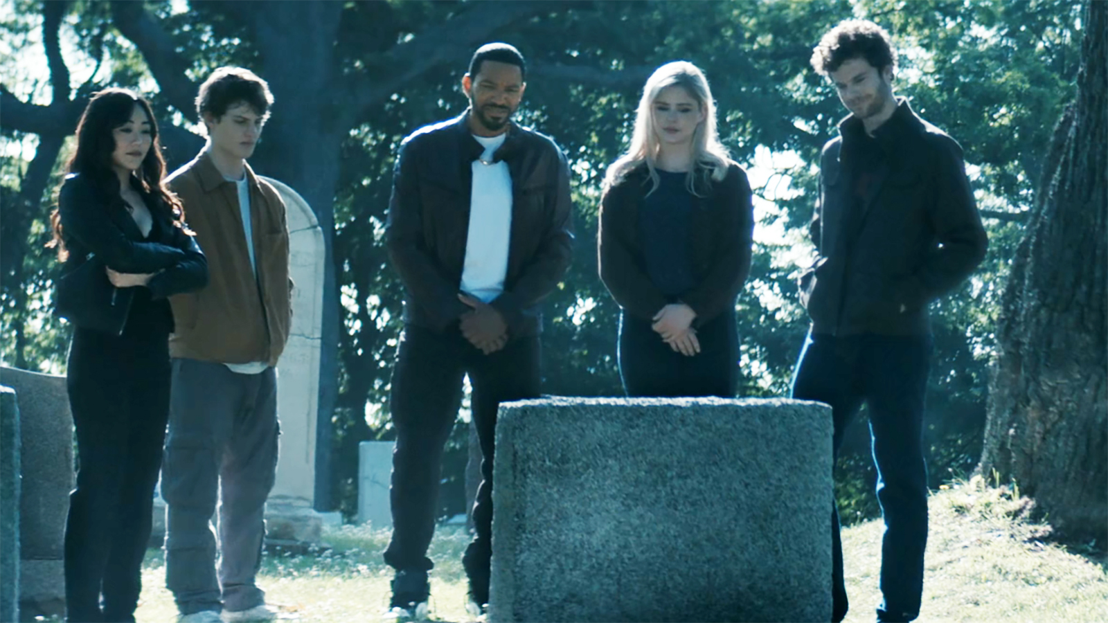 Kimiko, Ryan, Mother's Milk, Starlight and Hughie stand looking at Butcher's grave in The Boys Season 5 Episode 8