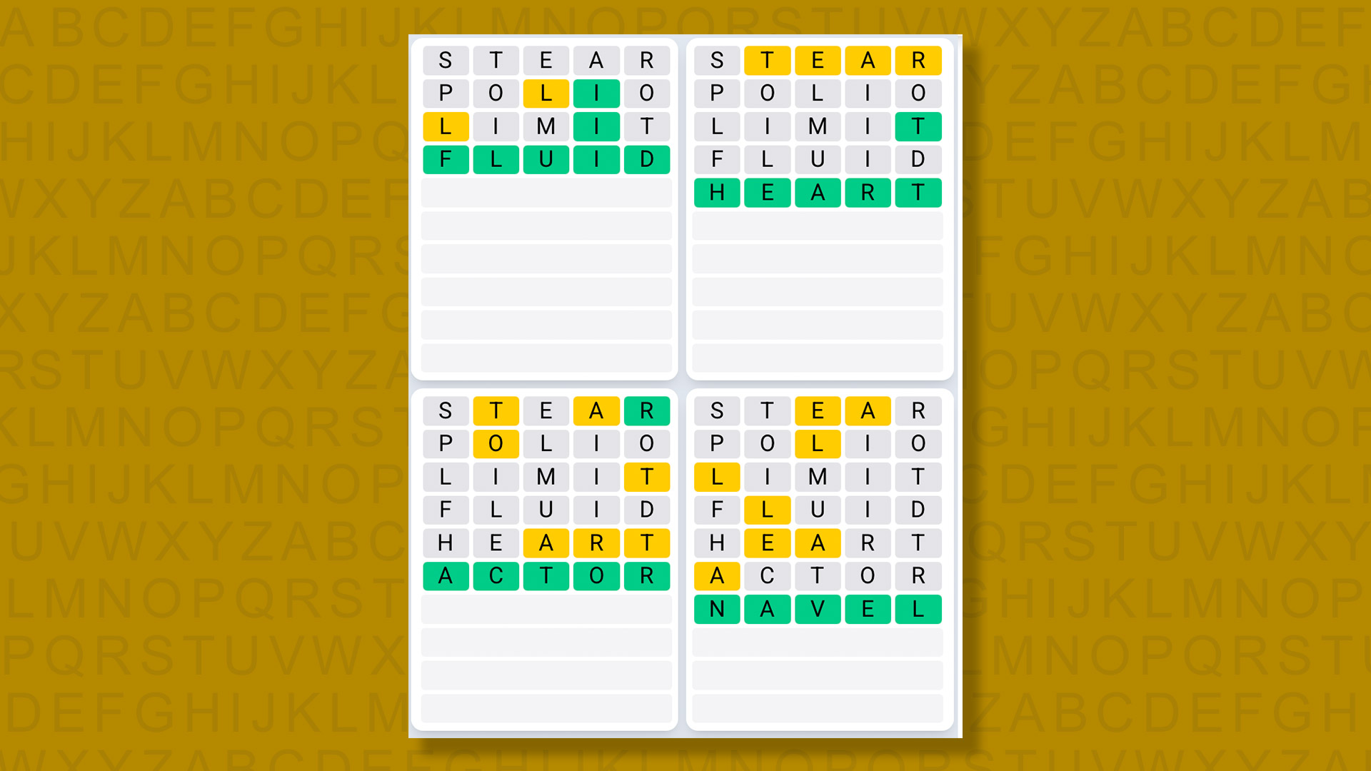 Quordle Daily Sequence answers for game 1578 on a yellow background
