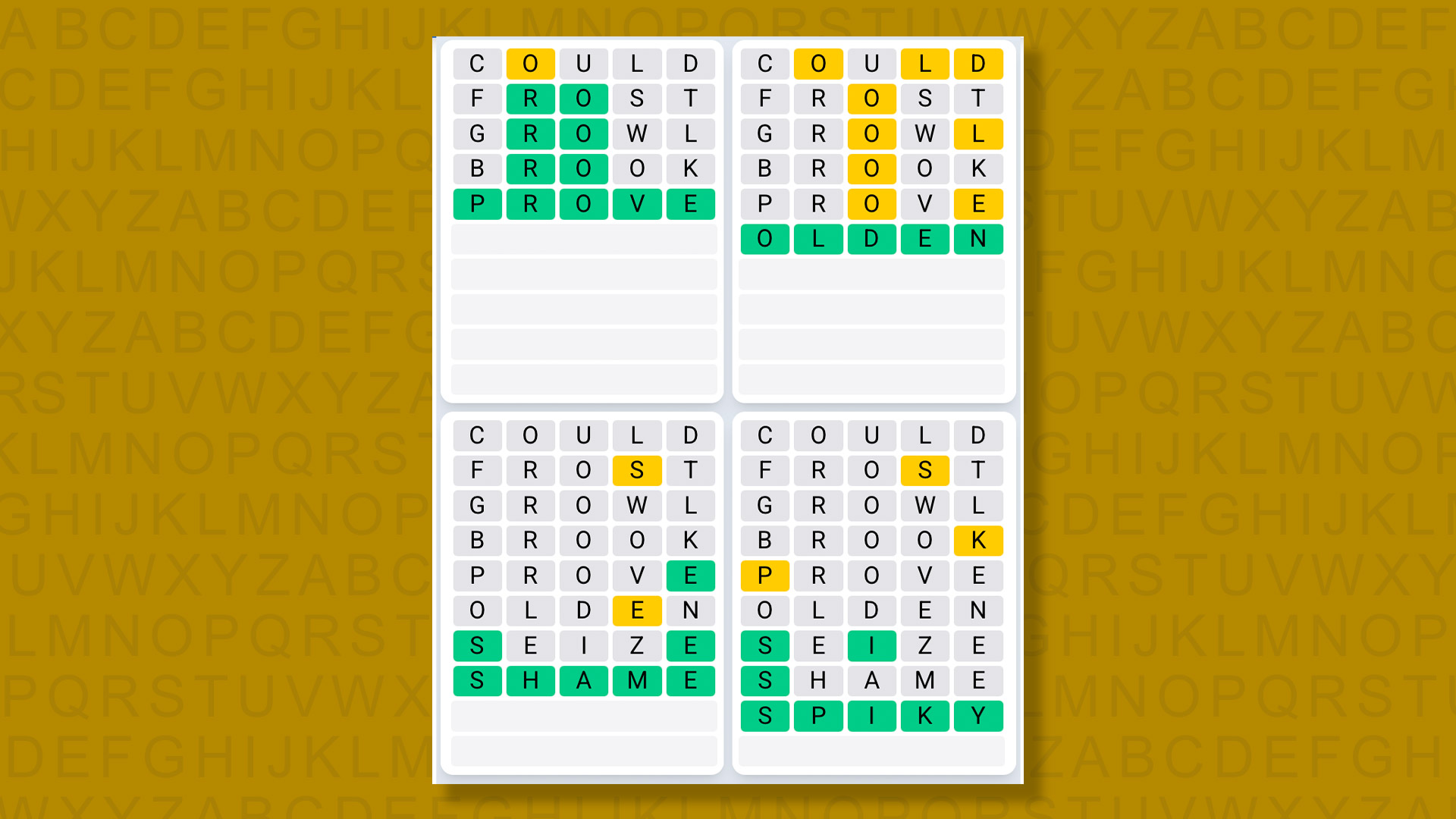 Quordle Daily Sequence answers for game 1579 on a yellow background