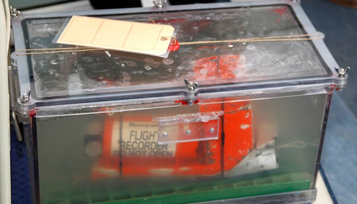 The Cockpit Voice Recorder (CVR), one of two in-flight recorders from the Rio-Paris Air France flight that crashed in 2009, is shown to the media before a press conference at the BEA headquarters in Le Bourget, north of Paris, May 12, 2011. — Reuters