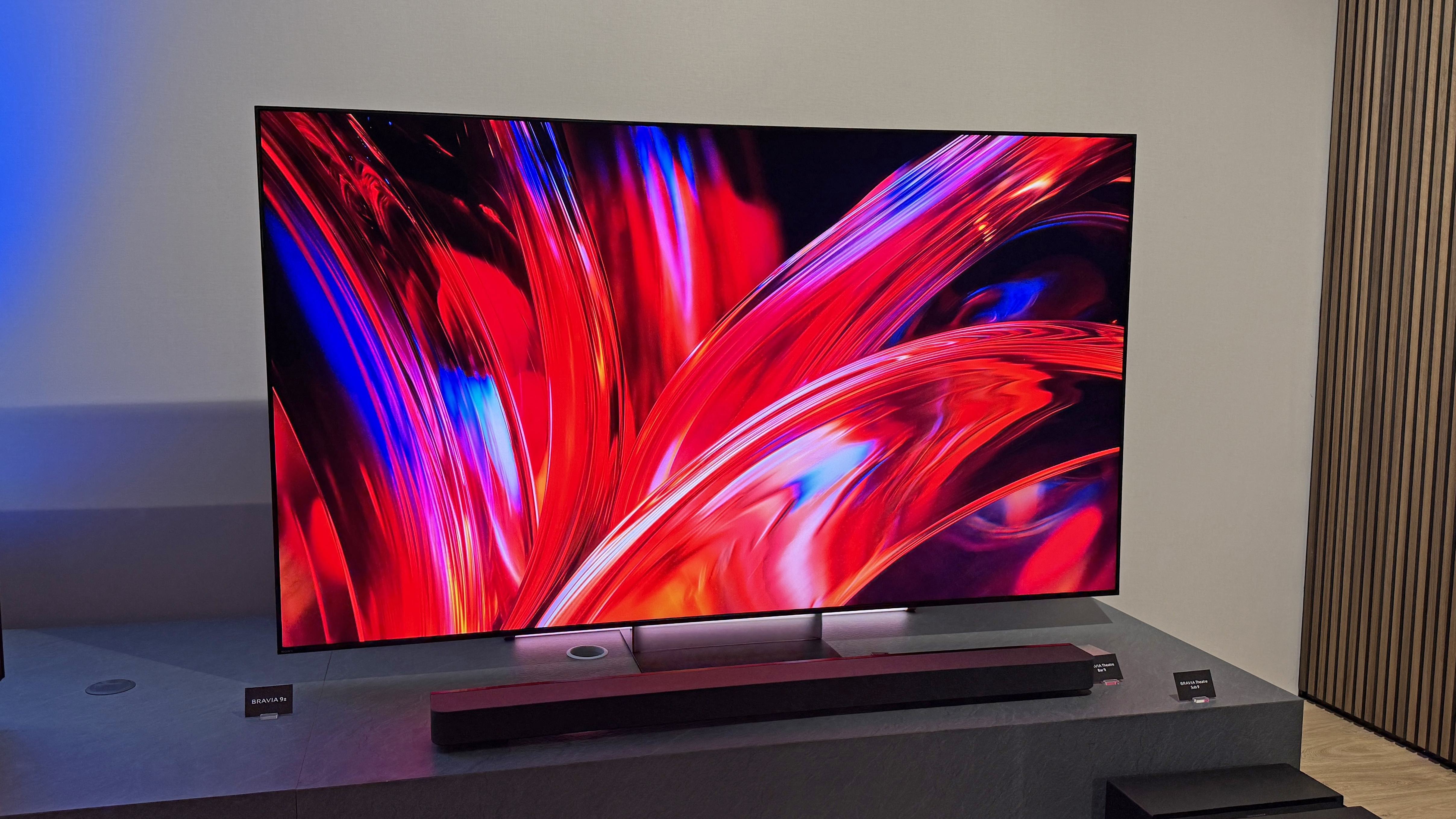 The Sony Bravia 9 II TV shows purple and red colorful stripes