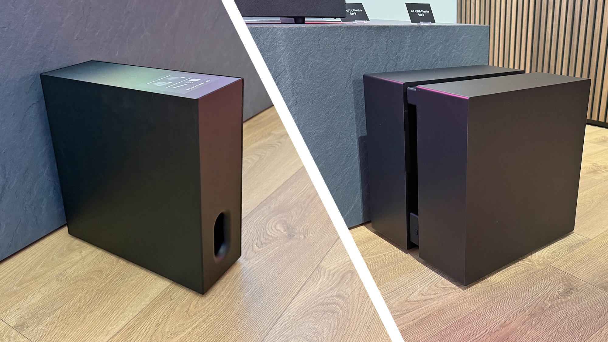 Sony Bravia Sub 8 and Sub 9 showing that the Sub 9 is about twice the size of the Sub 8