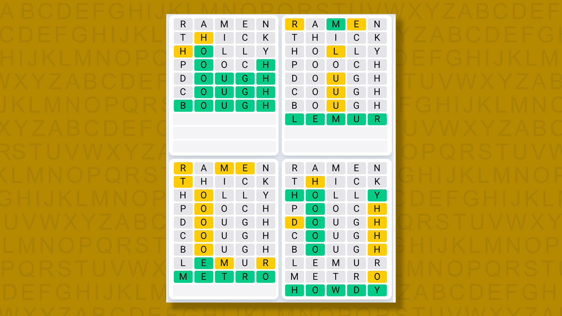 Quordle Daily Sequence answers for game 1585 on a yellow background
