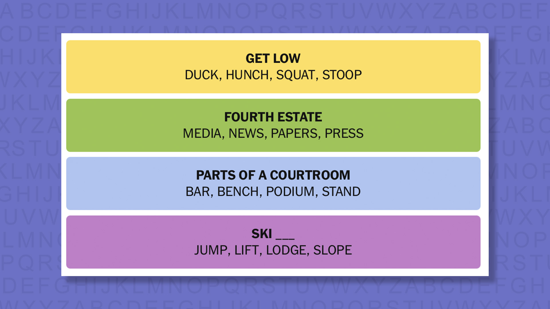 NYT Connections answers for game 1082 on a purple background