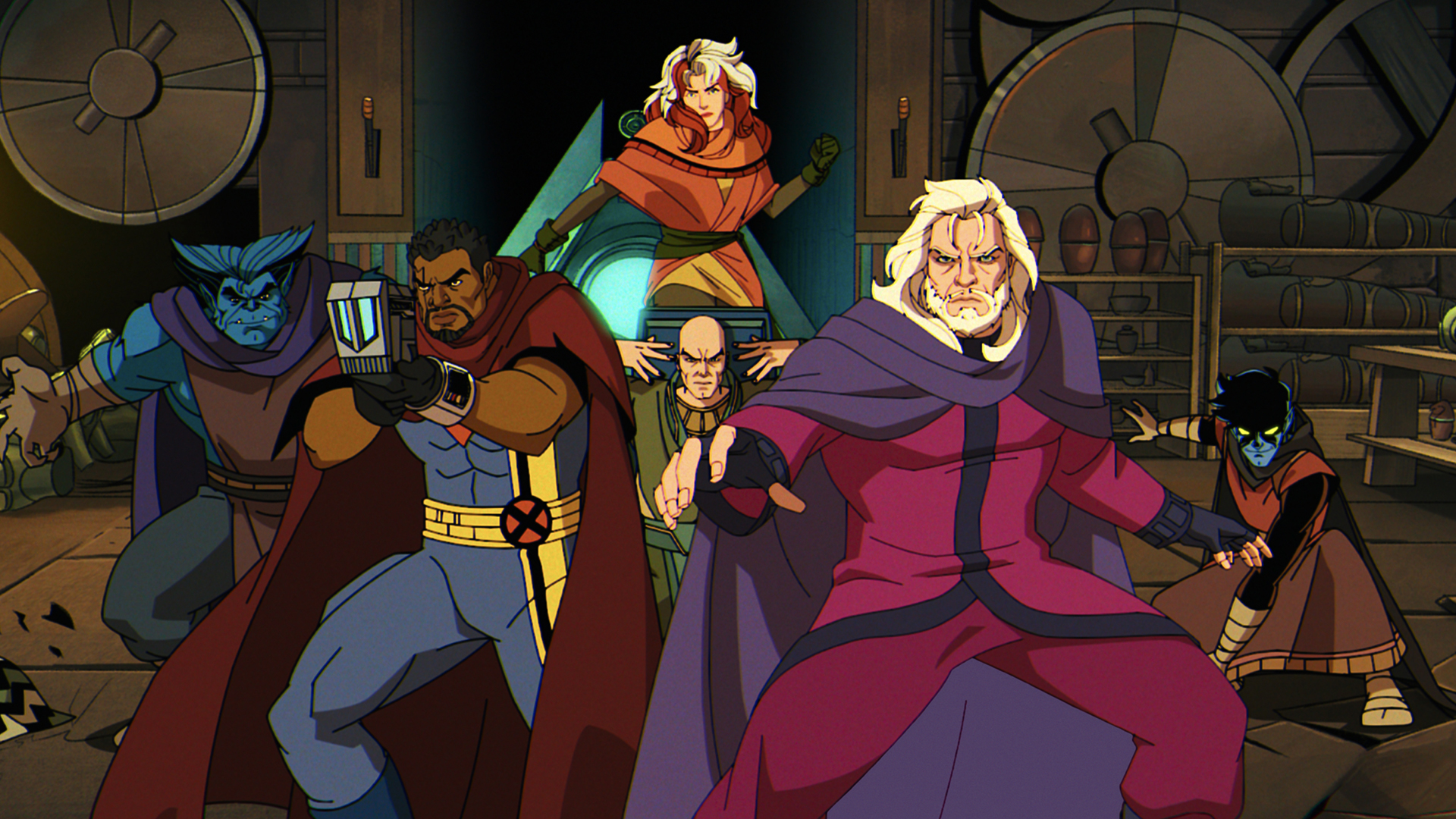 Beast, Bishop, Rogue, Professor X, Magneto and Nightcrawler prepare to battle in X-Men 97 Season 2