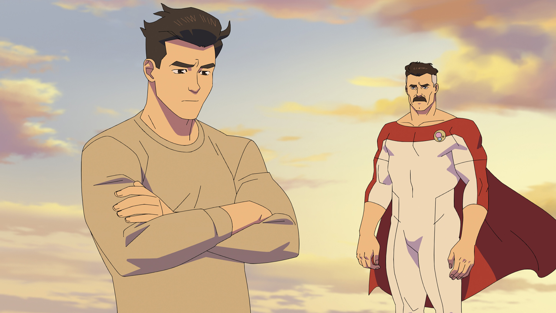 Mark looks sad with his arms crossed as Nolan looks at him in Invincible Season 4