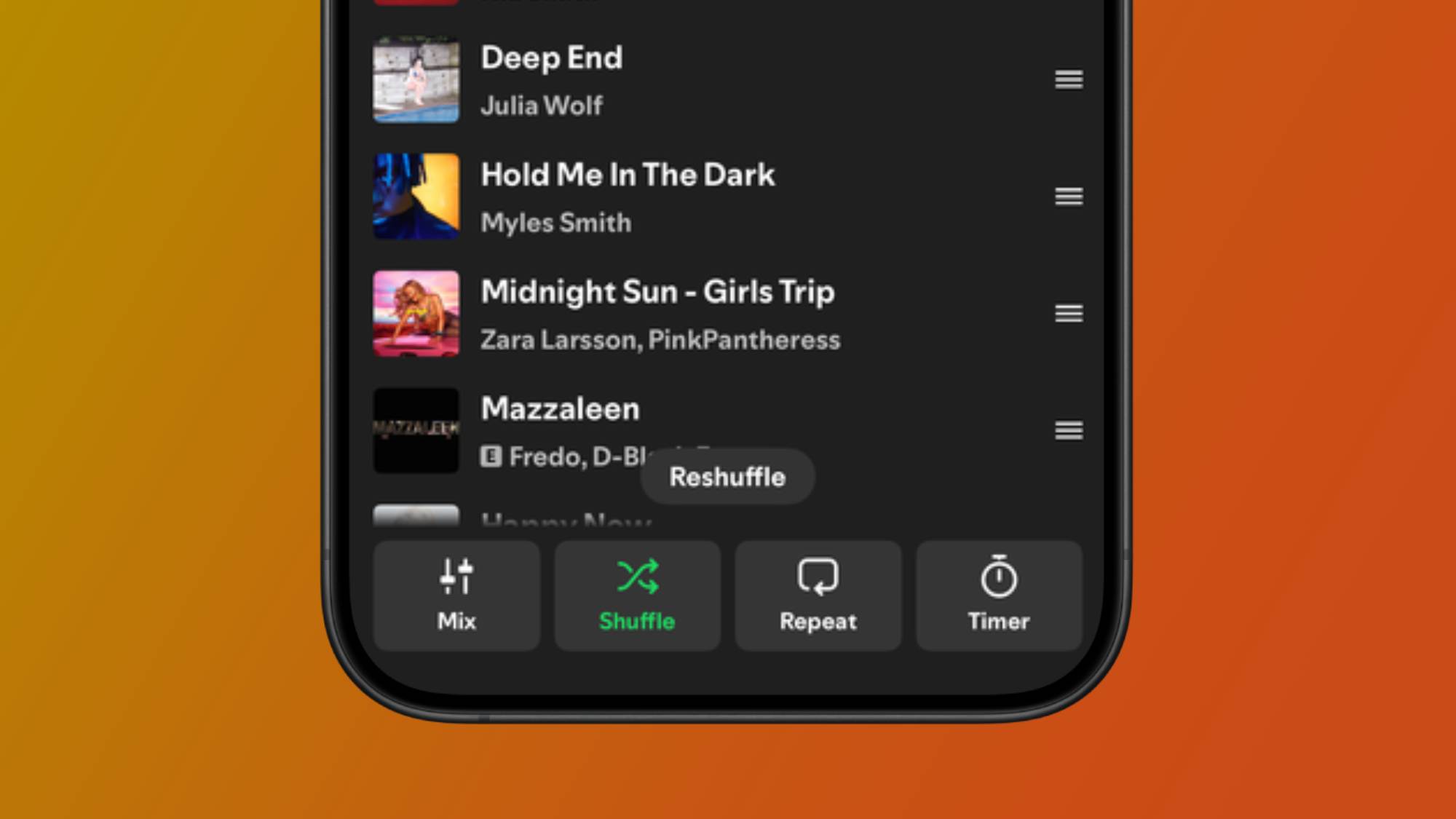 A smartphone showing the switch button in a playlist queue in the Spotify app