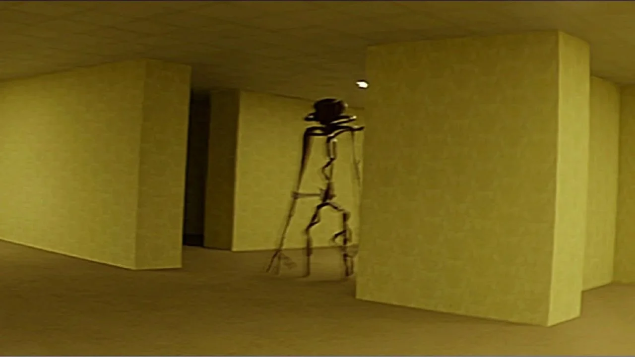 An off-yellow corridor with a strange-looking creature lurking in the distance