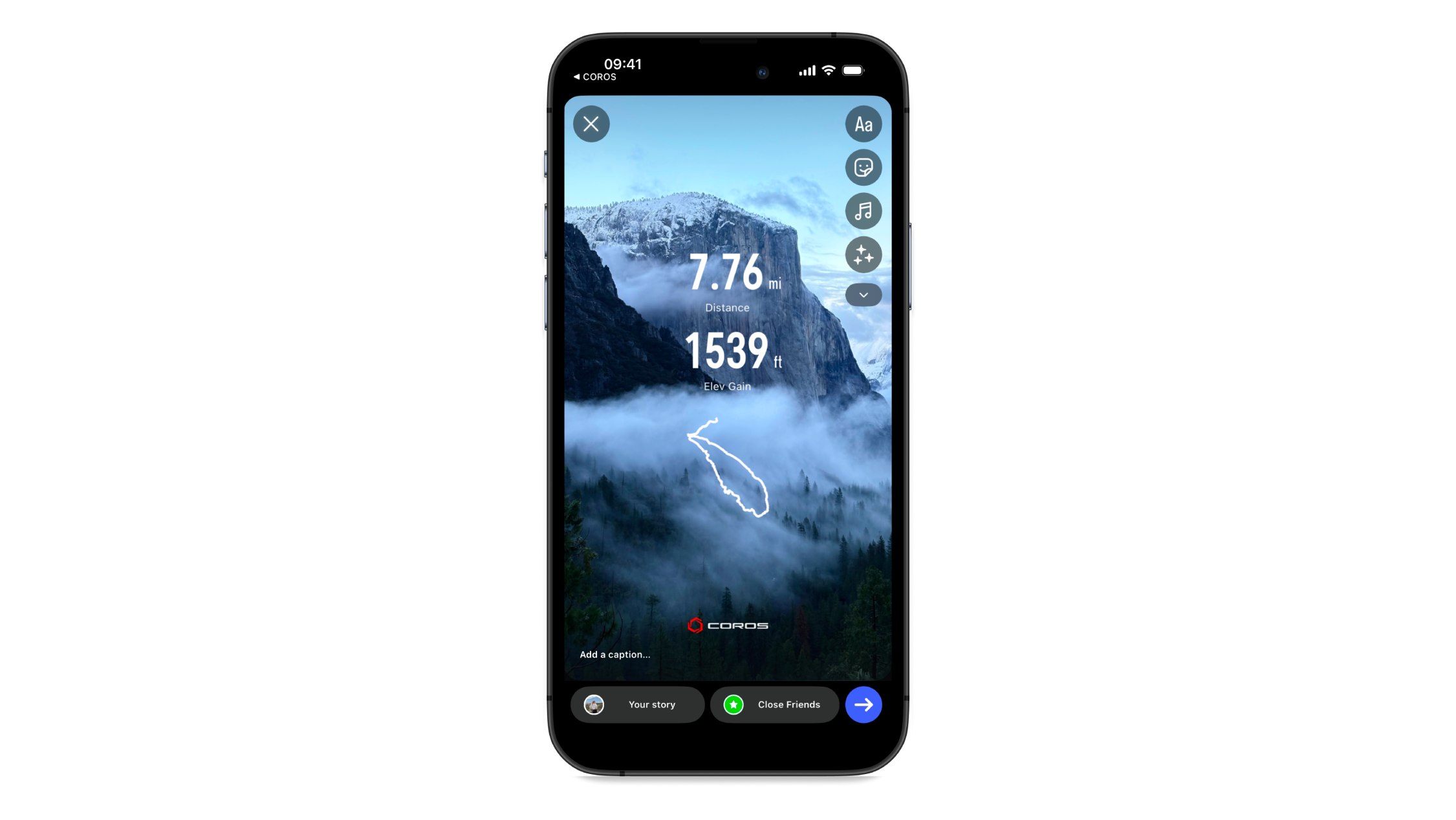 Coros' new Custom Photo Sharing feature featuring a mountain with an Altitude Climbed overlay