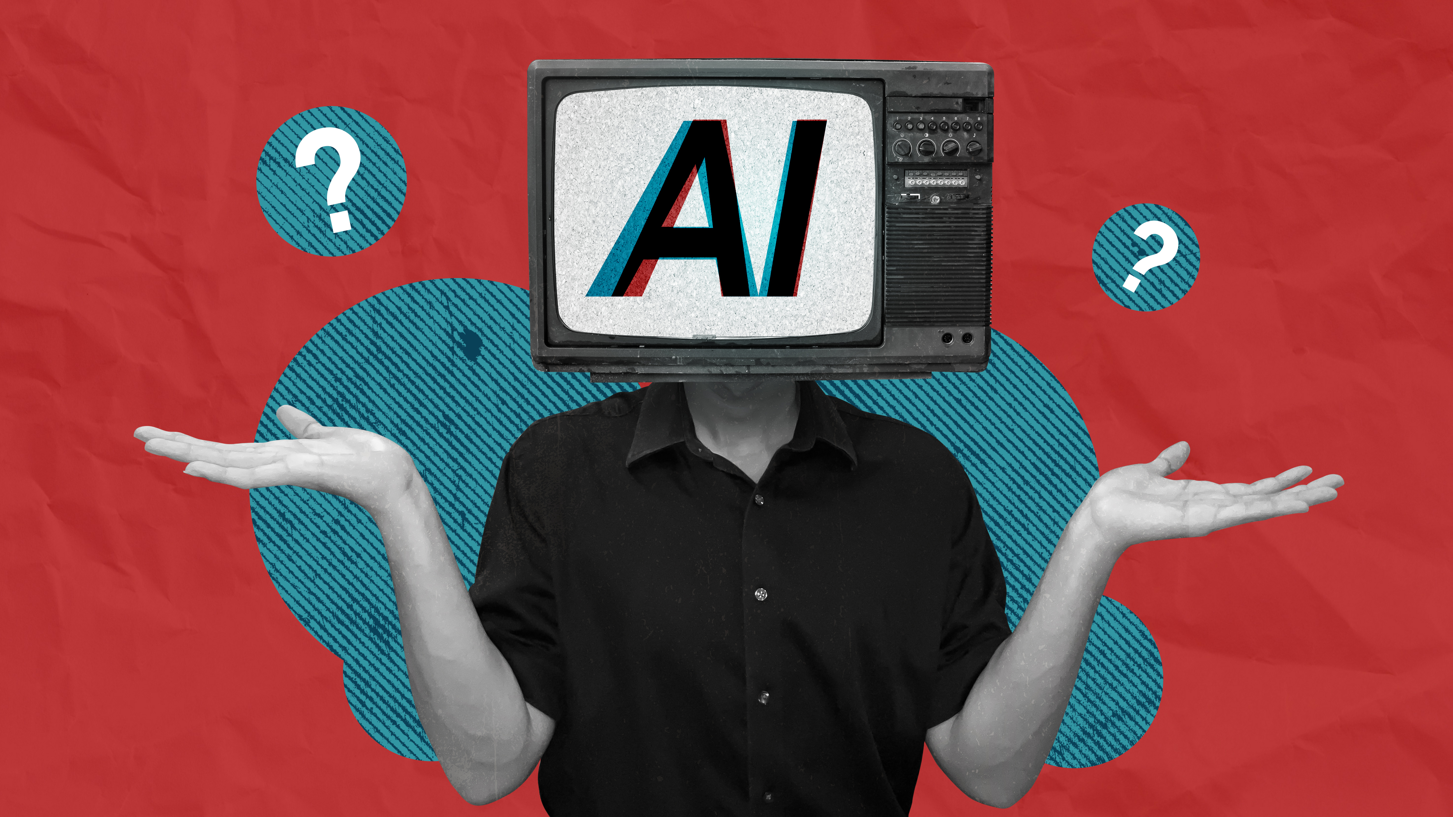 AI getting confused concept collage art. Human with TV head representing artificial intelligence unable to understand the given command.