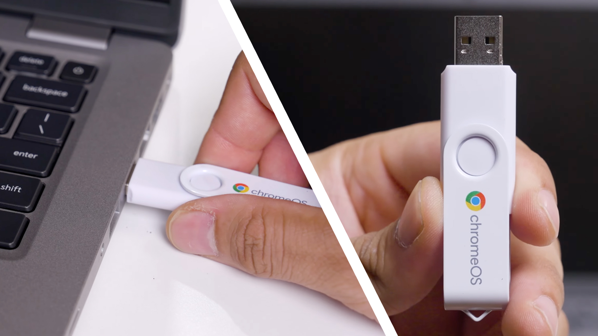 A hand inserting a ChromeOS Flex USB stick into a laptop, next to a hand holding the USB stick