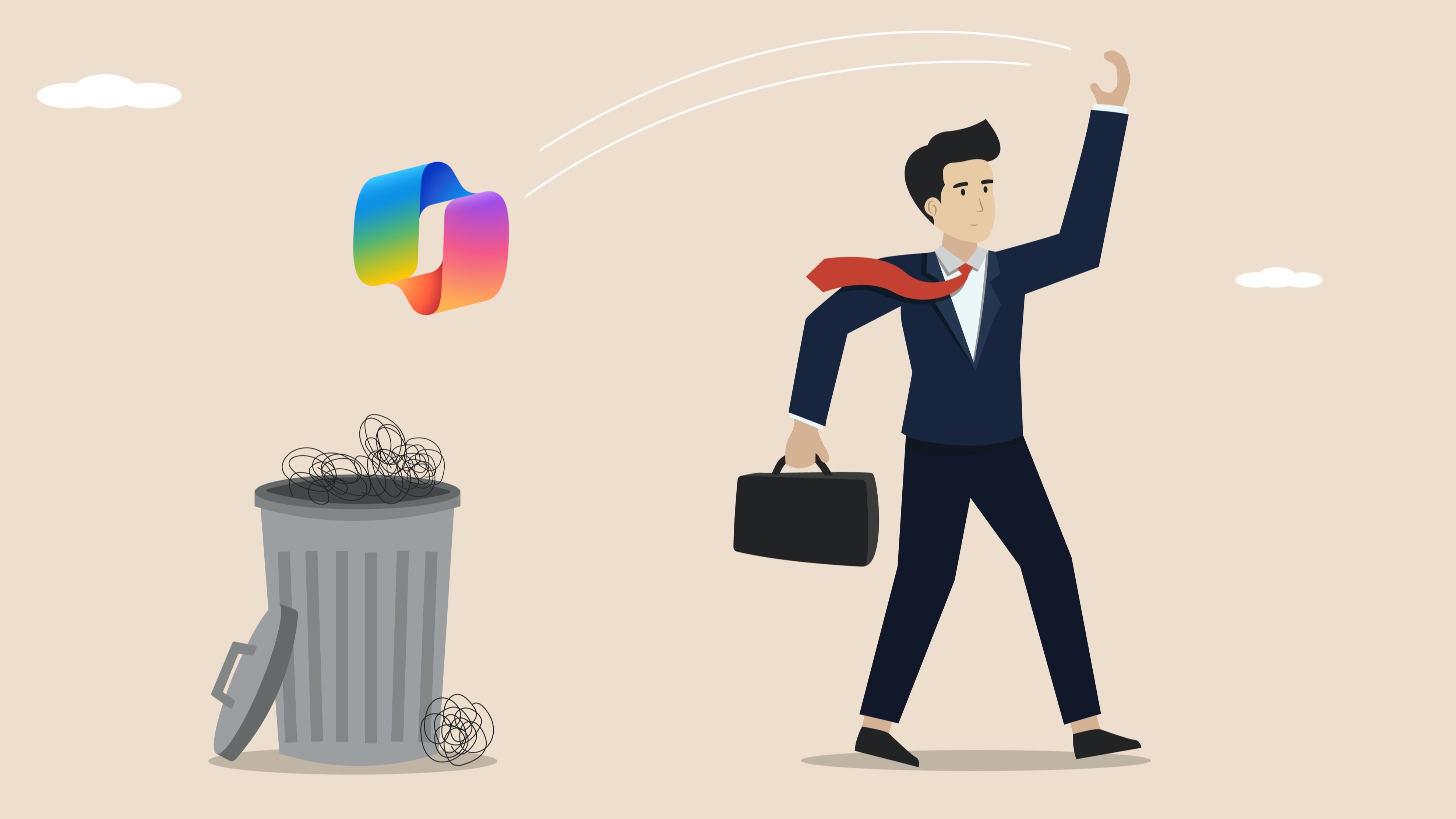 Artwork depicting a businessman throwing the Copilot logo into a trash can.