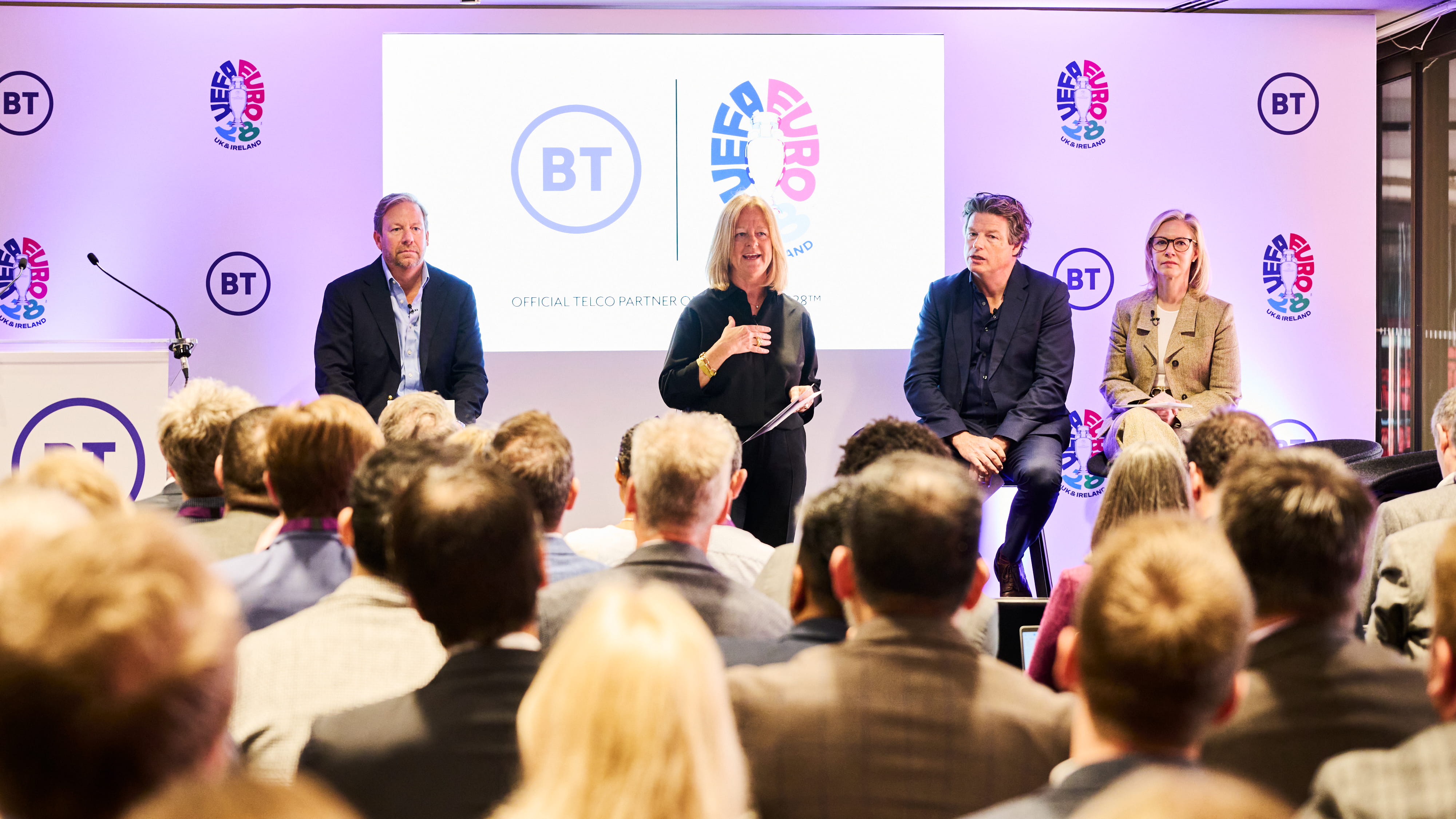 BT Group CEO Allison Kirkby addresses a room