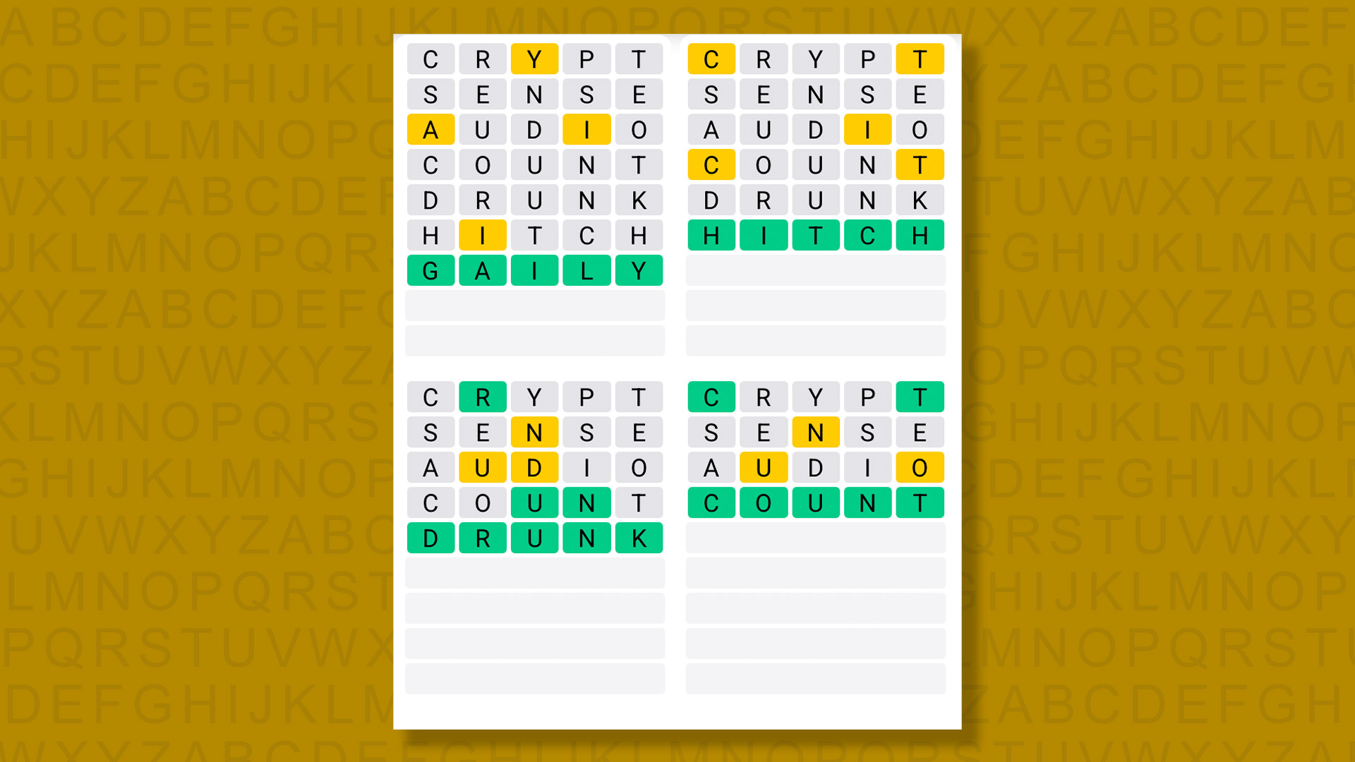 Quordle answers for game 1579 on yellow background