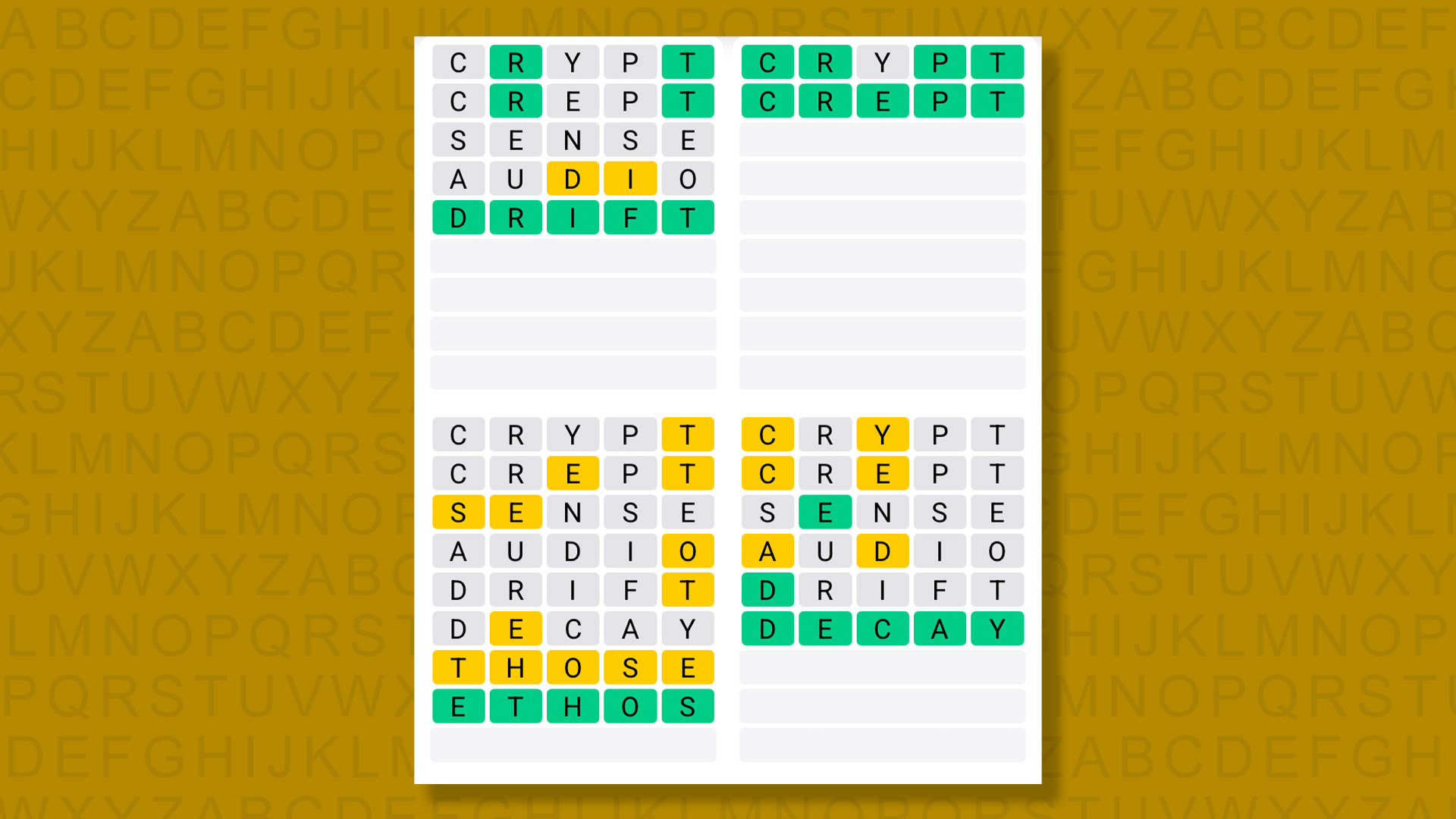 Quordle answers for game 1586 on yellow background