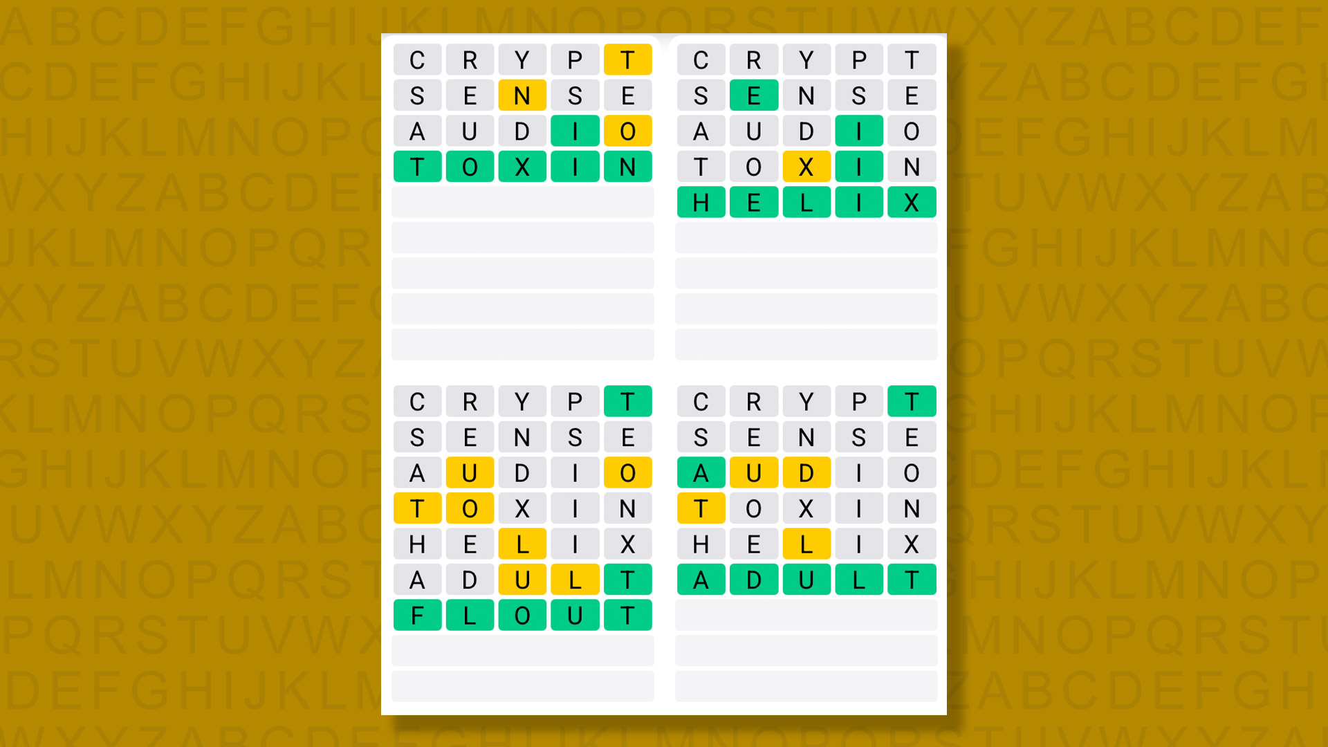Quordle answers for game 1565 on yellow background