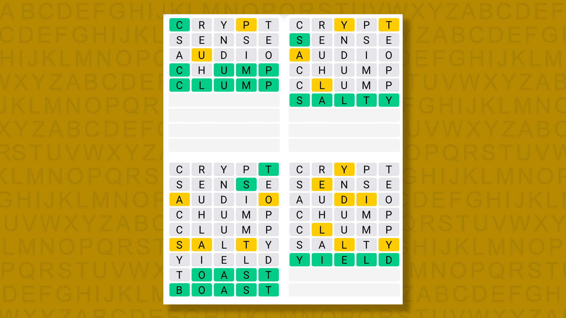 Quordle answers for game 1568 on yellow background