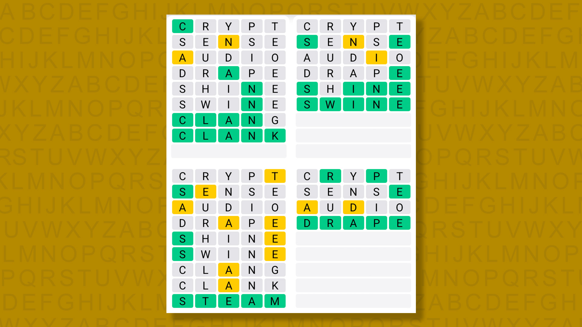 Quordle answers for game 1575 on yellow background