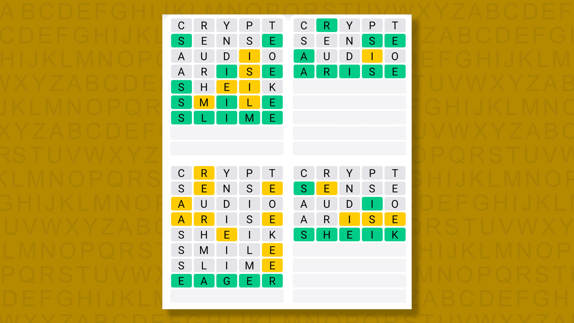 Quordle answers for game 1582 on yellow background