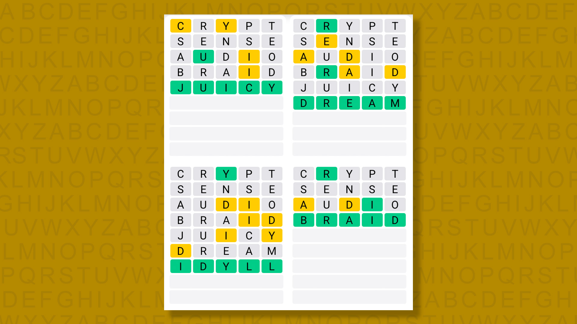 Quordle answers for game 1580 on yellow background