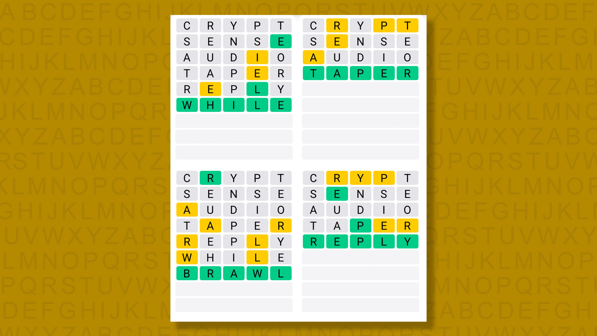 Quordle answers for game 1587 on yellow background