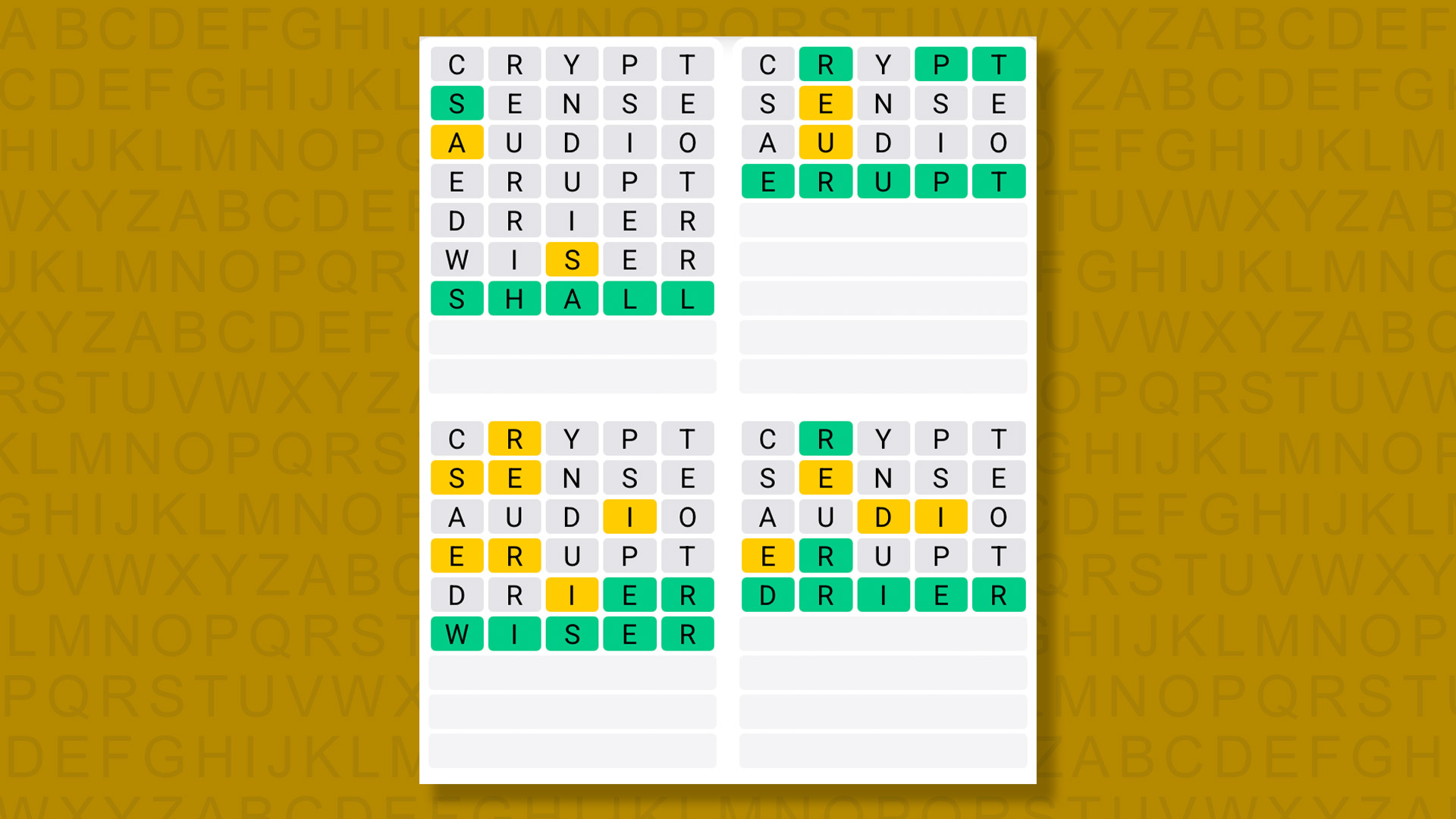 Quordle answers for game 1566 on yellow background