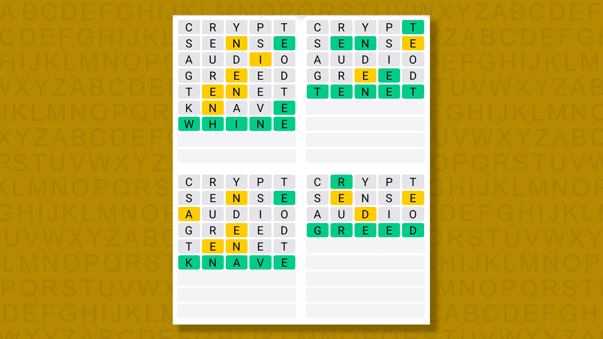 Quordle answers for game 1574 on yellow background