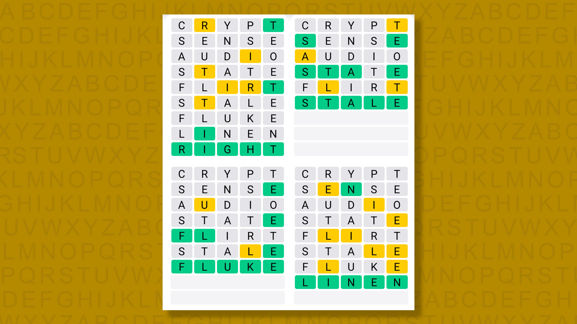 Quordle answers for game 1581 on yellow background