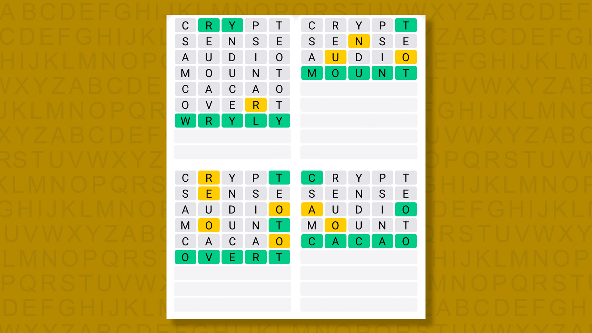 Quordle answers for game 1588 on yellow background