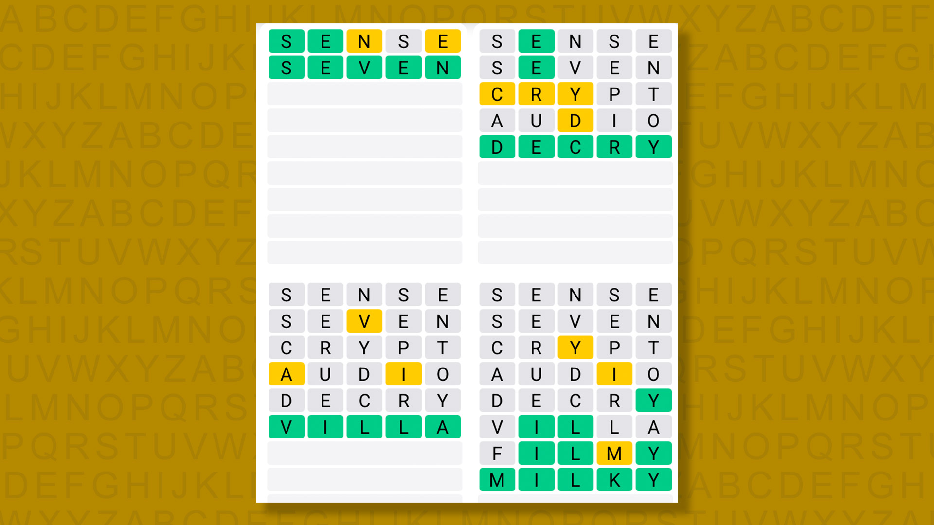 Quordle answers for game 1571 on yellow background