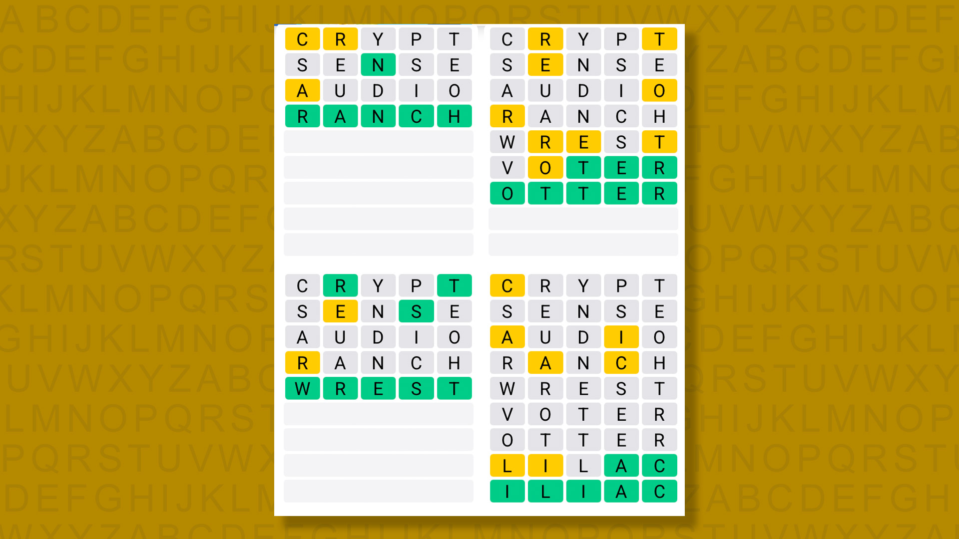 Quordle answers for game 1578 on yellow background