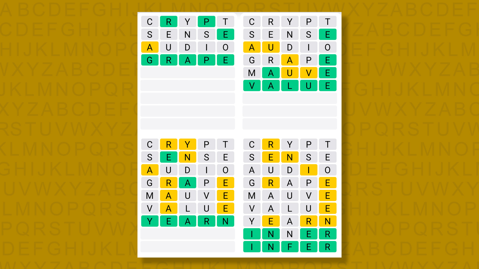 Quordle answers for game 1585 on yellow background