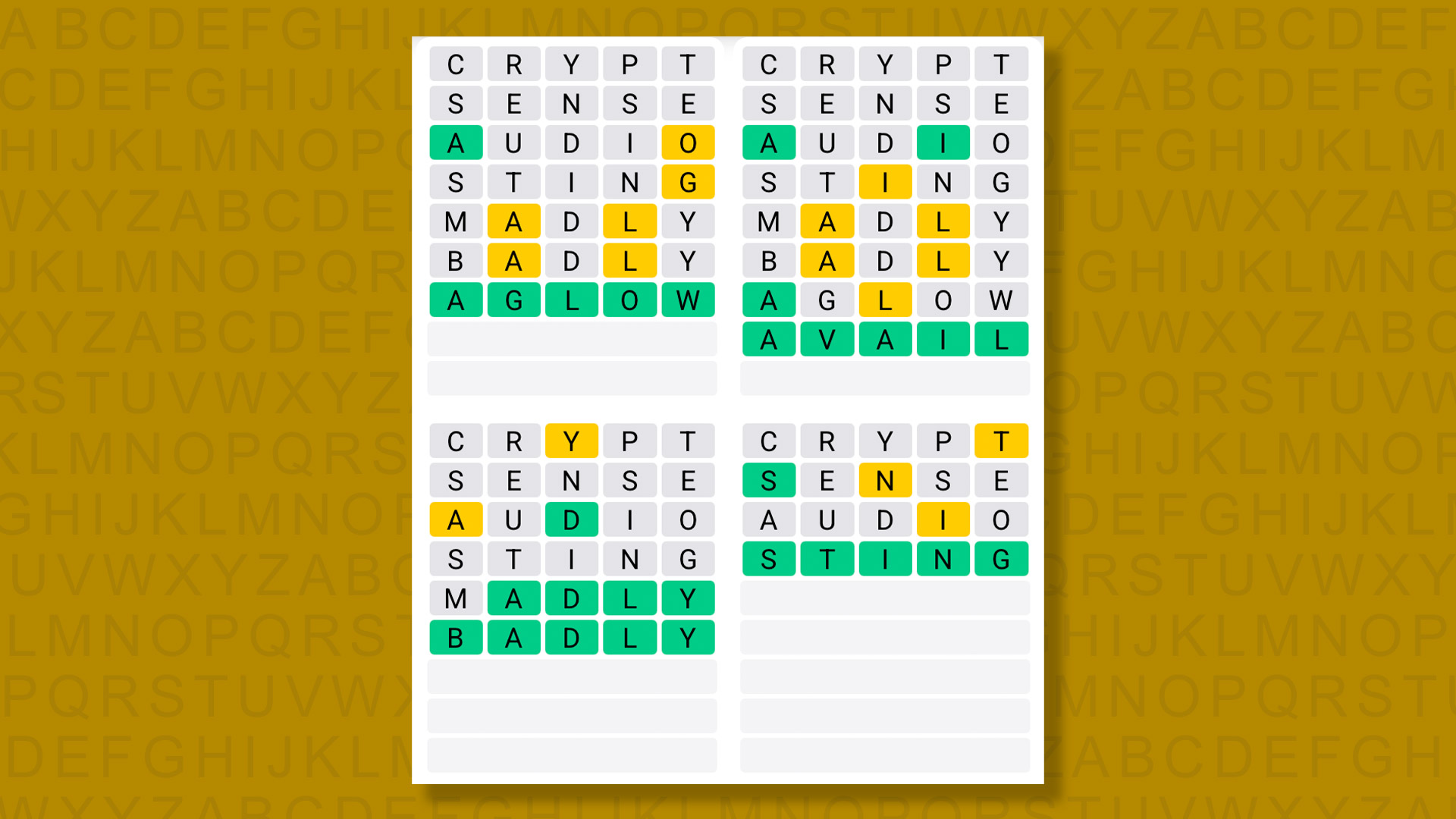 Quordle answers for game 1569 on yellow background
