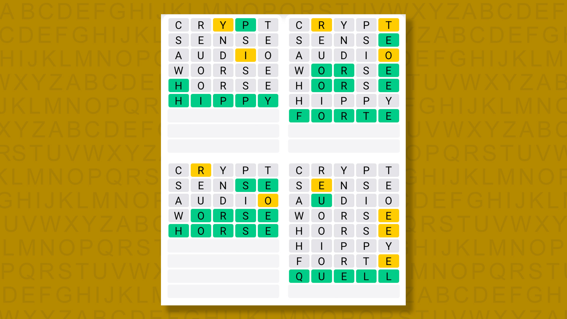 Quordle answers for game 1576 on yellow background